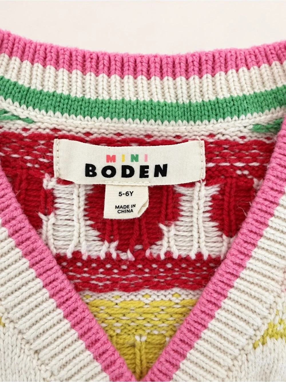 Mini Boden Kids Flora Fun V-Neck Cardigan Rainbow Hearts Knit Sweater Size 5-6Y
